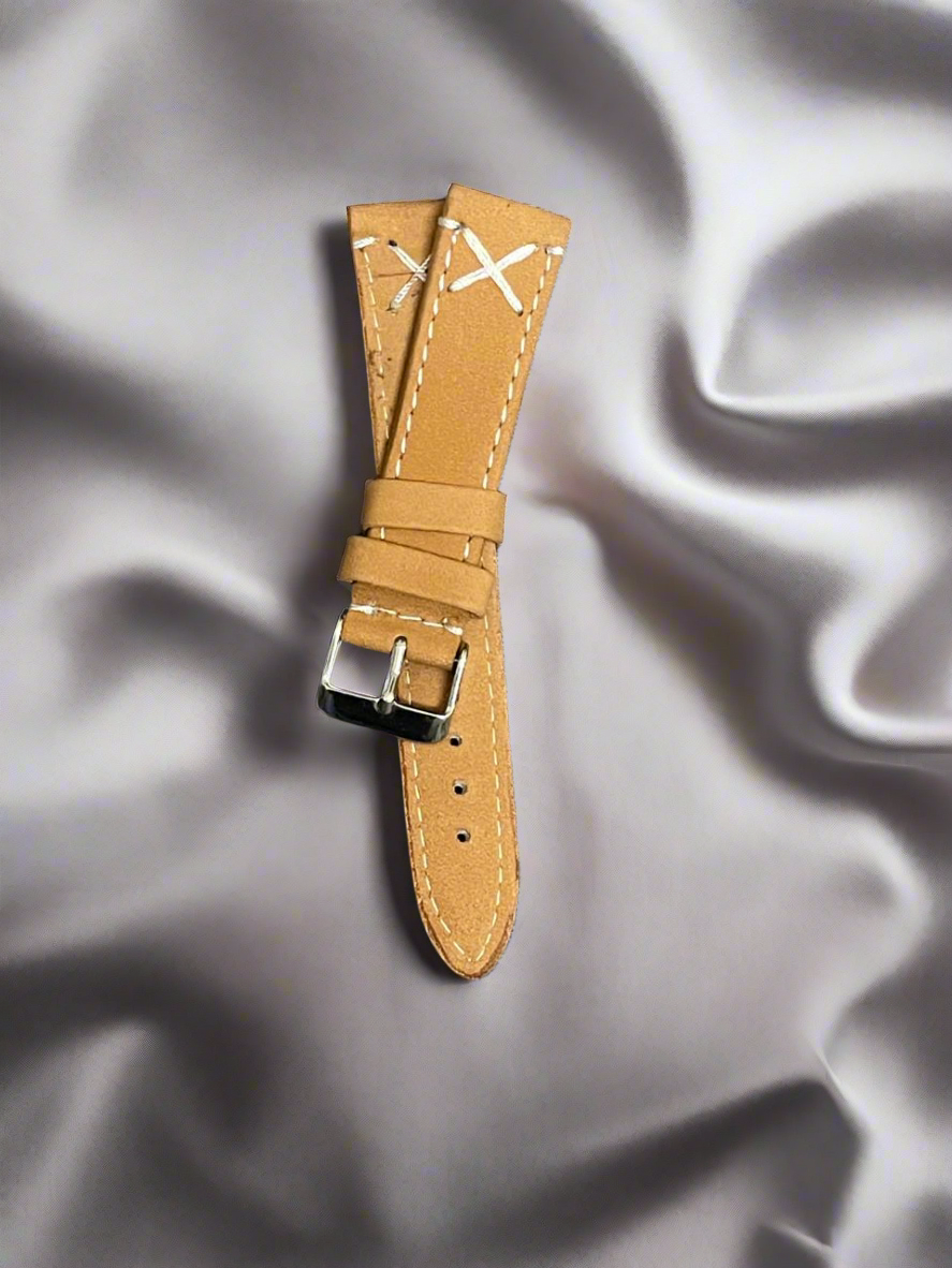 Tan S Leather Strap – 18mm / 20mm / 22mm Vintage Style with White X-Stitching