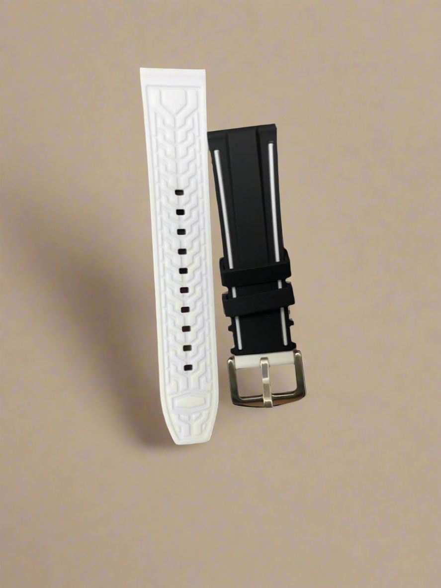 22mm Silicone Watch Strap – White Outer, Patterned Inner, Black Ends with Dual Stripes