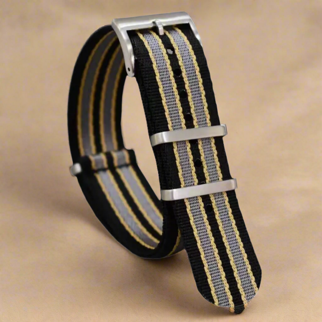 Luxury Black & Grey Duro NATO Strap with Yellow Stripes – 20mm 22mm | Military Sport Ribbed Nylon Band