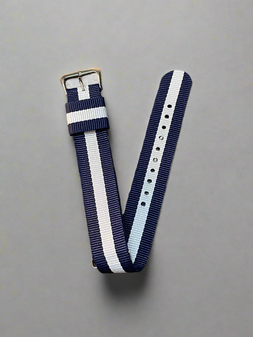 Blue & White Striped NATO Watch Strap LIMITED DROP– 20mm | Durable Nylon with Polished Hardware