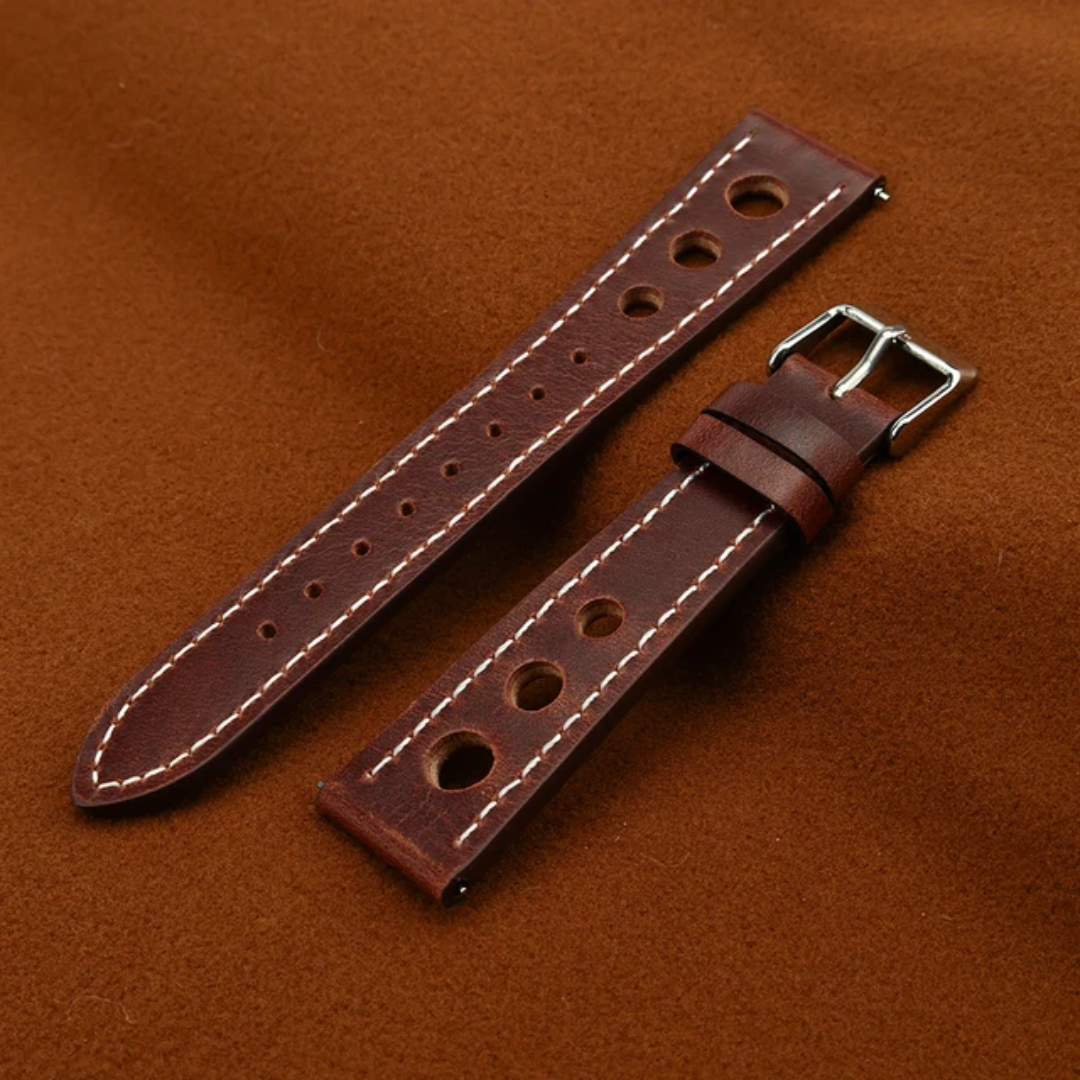 Brown Full Grain Leather Racing Watch Strap | Perforated Design | 18mm, 20mm, 22mm