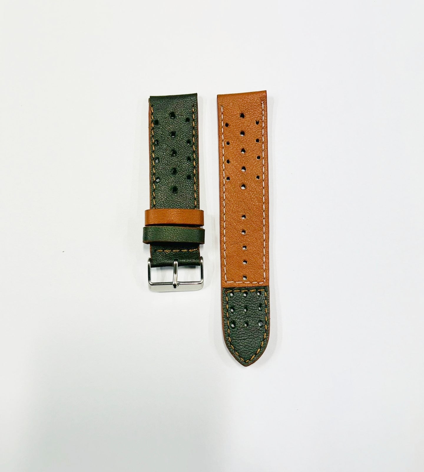 Olive Green & Tan Leather Racer Watch Strap – Perforated Design | 18mm 20mm 22mm