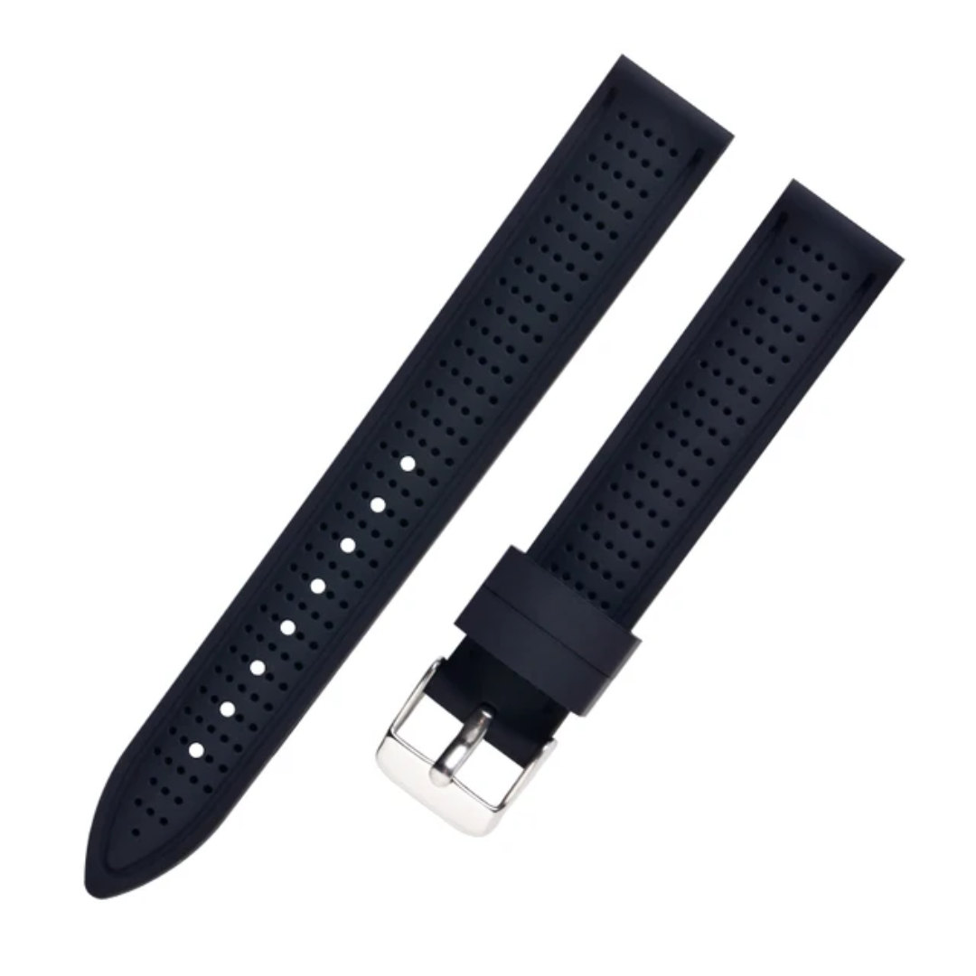 Waterproof & Breathable Black Perforated Silicone Watch Strap | Sport Rubber Watch Band 18mm 20mm 22mm | Sweatproof Quick-Dry with Spring Bars