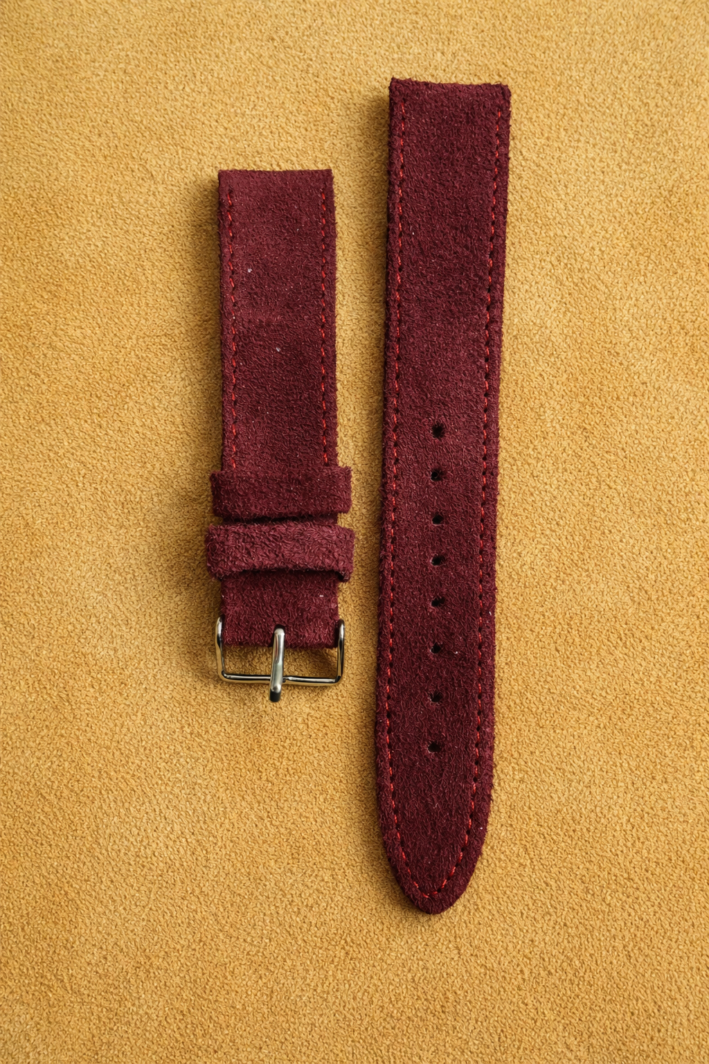 Maroon Suede Leather Watch Strap – 18mm, 20mm, 22mm – Quick Release WHITE STITCH / SAME STITCH With Spring Bars