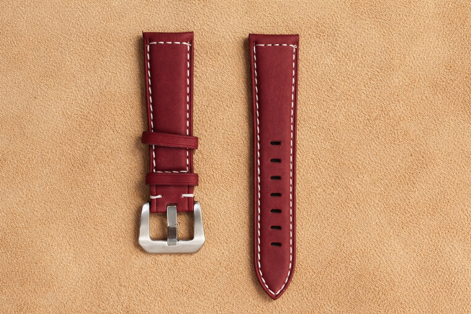 Maroon Top Grain Leather Watch Strap – Padded with Contrast Stitching | 18mm 20mm 22mm 24mm | Tang Buckle | with Spring Bars
