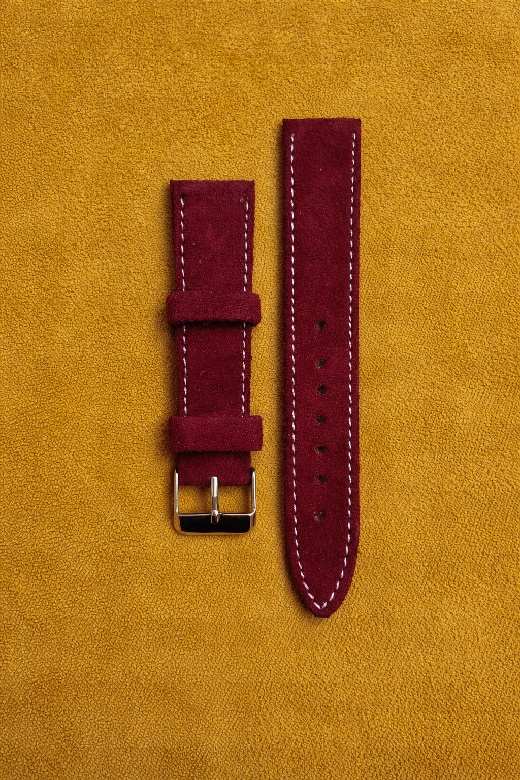 Maroon Suede Leather Watch Strap – 18mm, 20mm, 22mm – Quick Release WHITE STITCH / SAME STITCH With Spring Bars