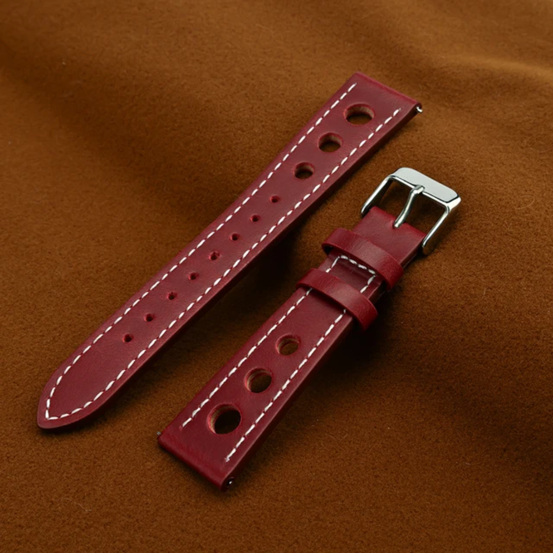 Red Full Grain Leather Racing Watch Strap | Perforated Design | 18mm, 20mm, 22mm