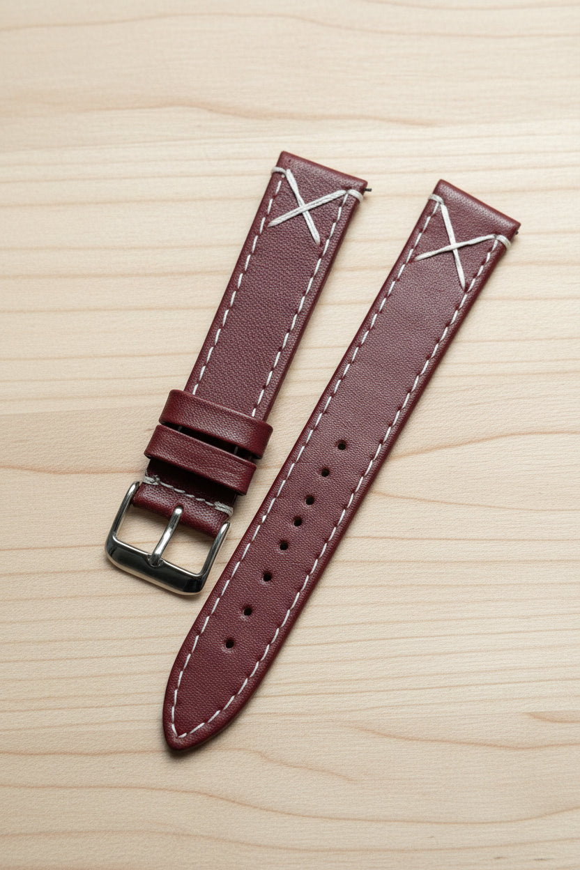 Dark Maroon Genuine Leather Strap – 18mm / 20mm / 22mm Vintage Style with White X-Stitching With Spring Bars
