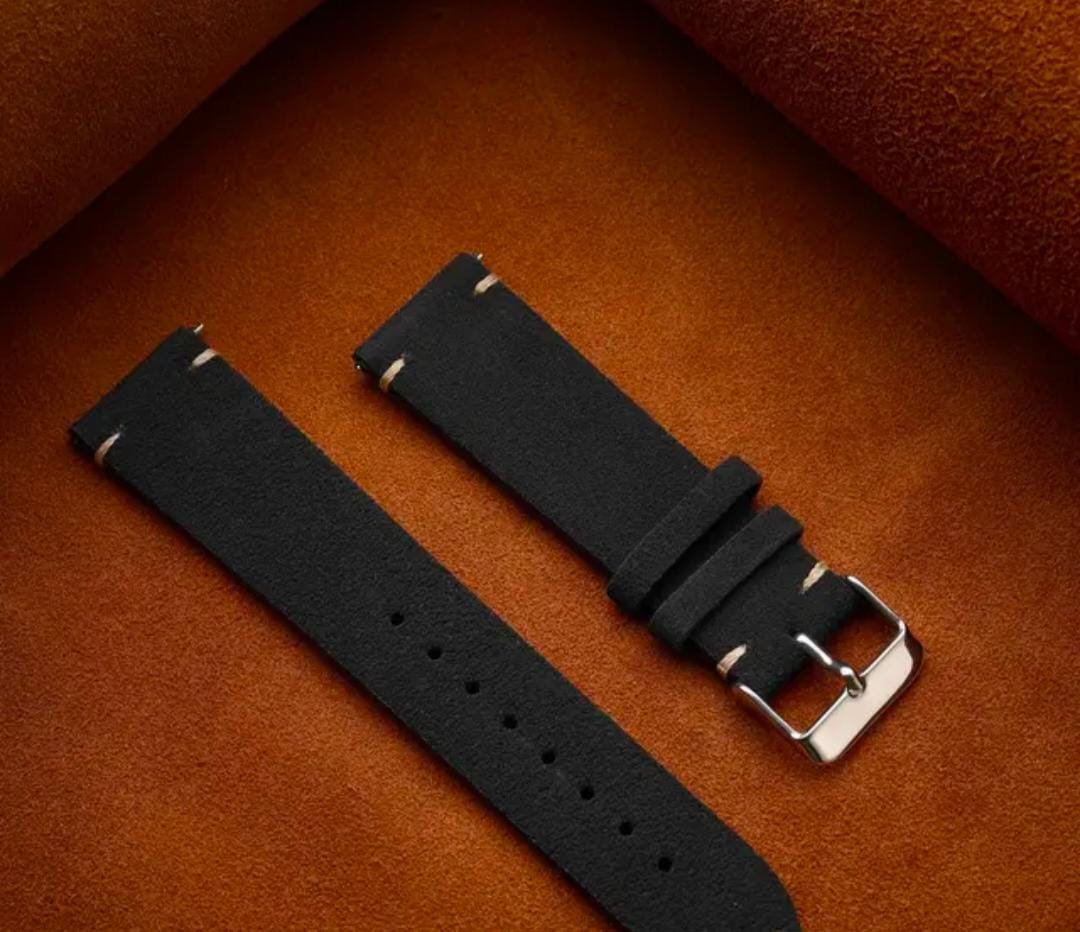 Black Suede Full Grain Leather Watch Strap with Quick Release Spring Bar (18mm, 19mm, 20mm, 22mm)