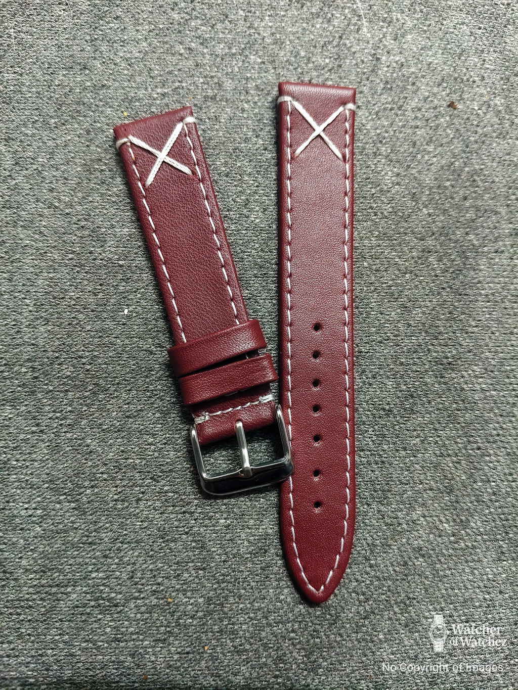 Dark Maroon Genuine Leather Strap – 18mm / 20mm / 22mm Vintage Style with White X-Stitching With Spring Bars