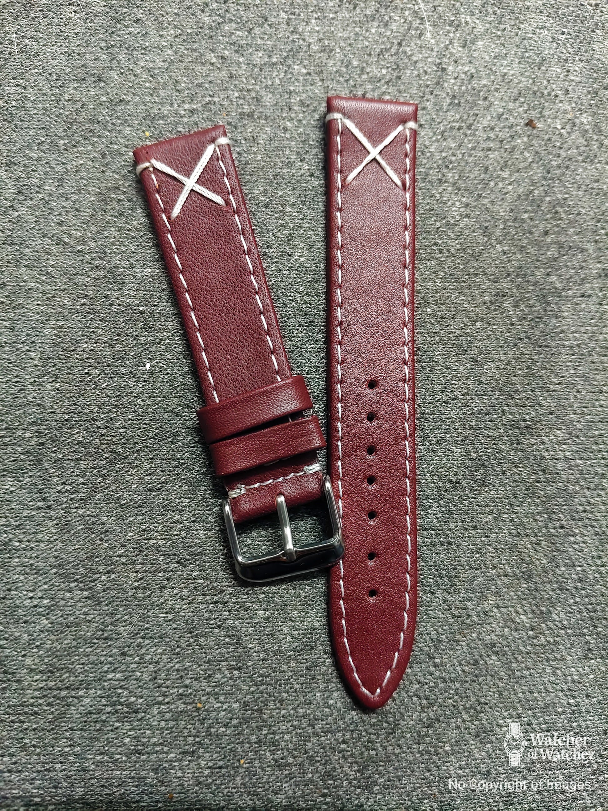 Dark Maroon Genuine Leather Strap – 18mm / 20mm / 22mm Vintage Style with White X-Stitching With Spring Bars