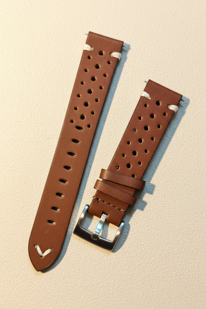 Brown Full Grain Leather Rally Racing Watch Strap with Quick Release | 20mm & 22mm
