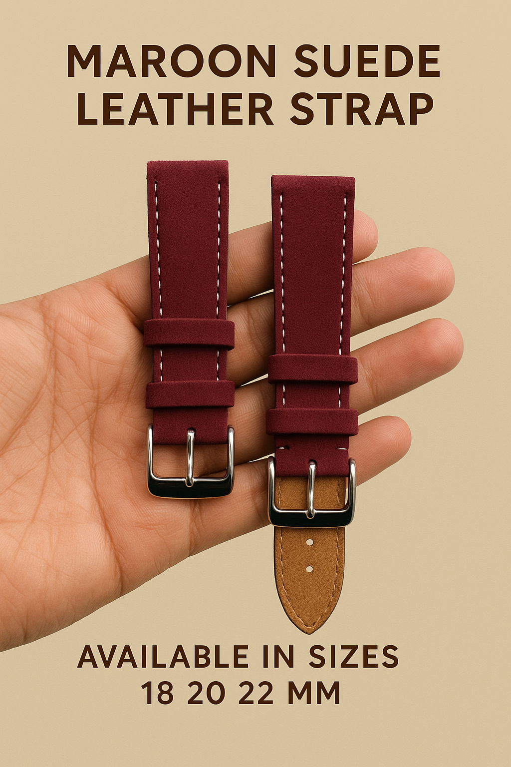 Maroon Suede Leather Watch Strap – 18mm, 20mm, 22mm – Quick Release WHITE STITCH / SAME STITCH(Without Spring Bars)