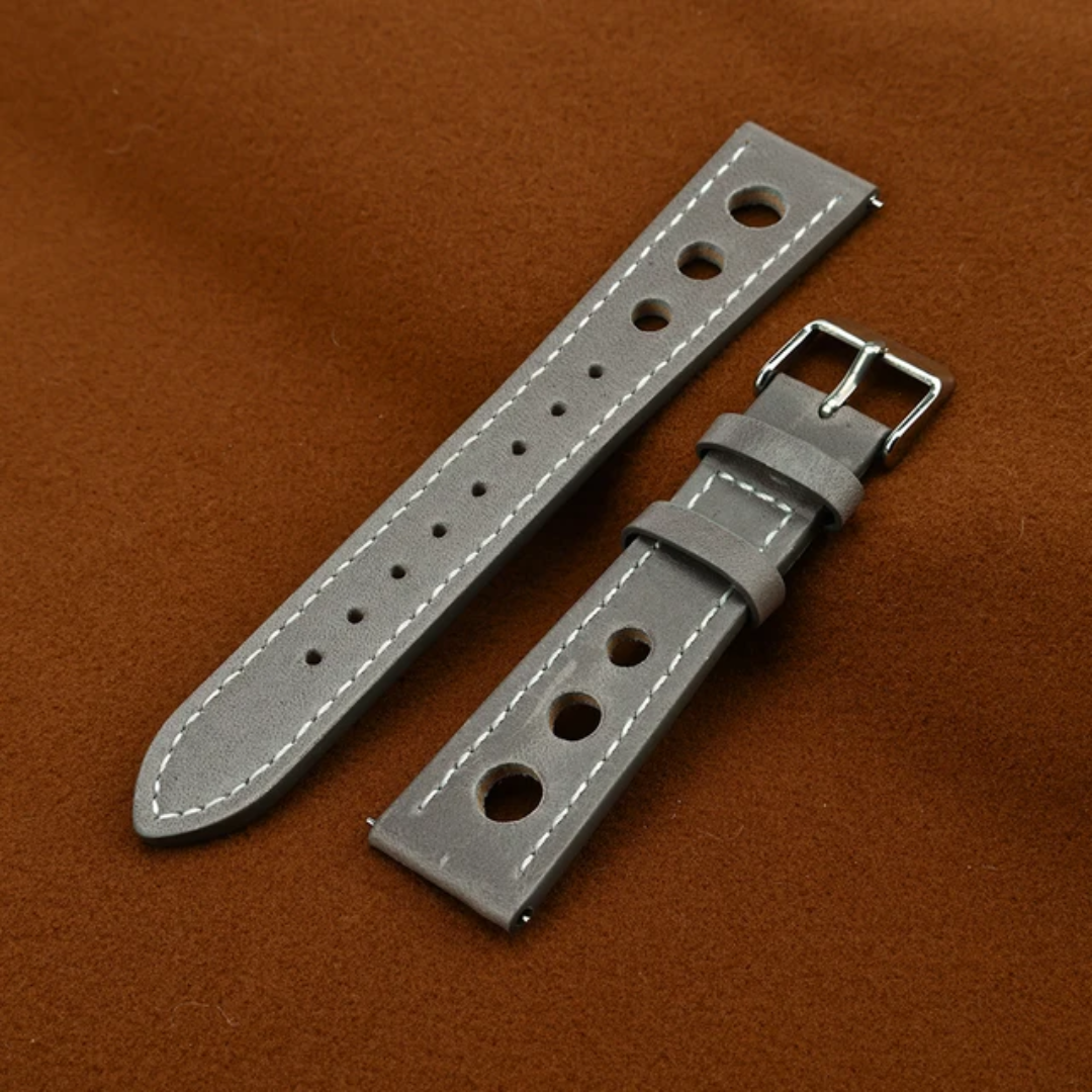 Grey Full Grain Leather Racing Watch Strap | Perforated Design | 18mm, 20mm, 22mm