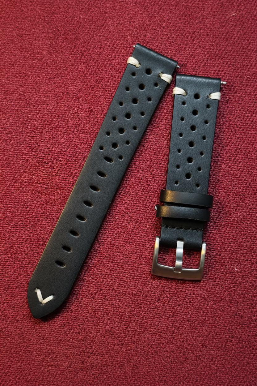 Black Full Grain Leather Rally Racing Watch Strap with Quick Release | 20mm & 22mm