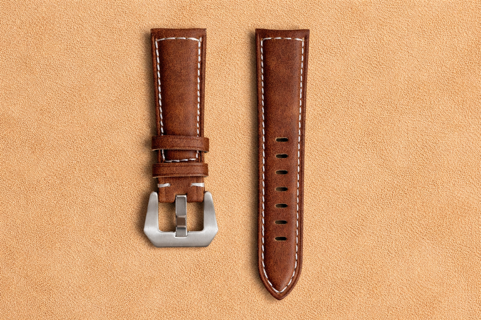 Tan Brown Top Grain Leather Watch Strap – Padded with Contrast Stitching | 18mm 20mm 22mm 24mm | Tang Buckle | with Spring Bars