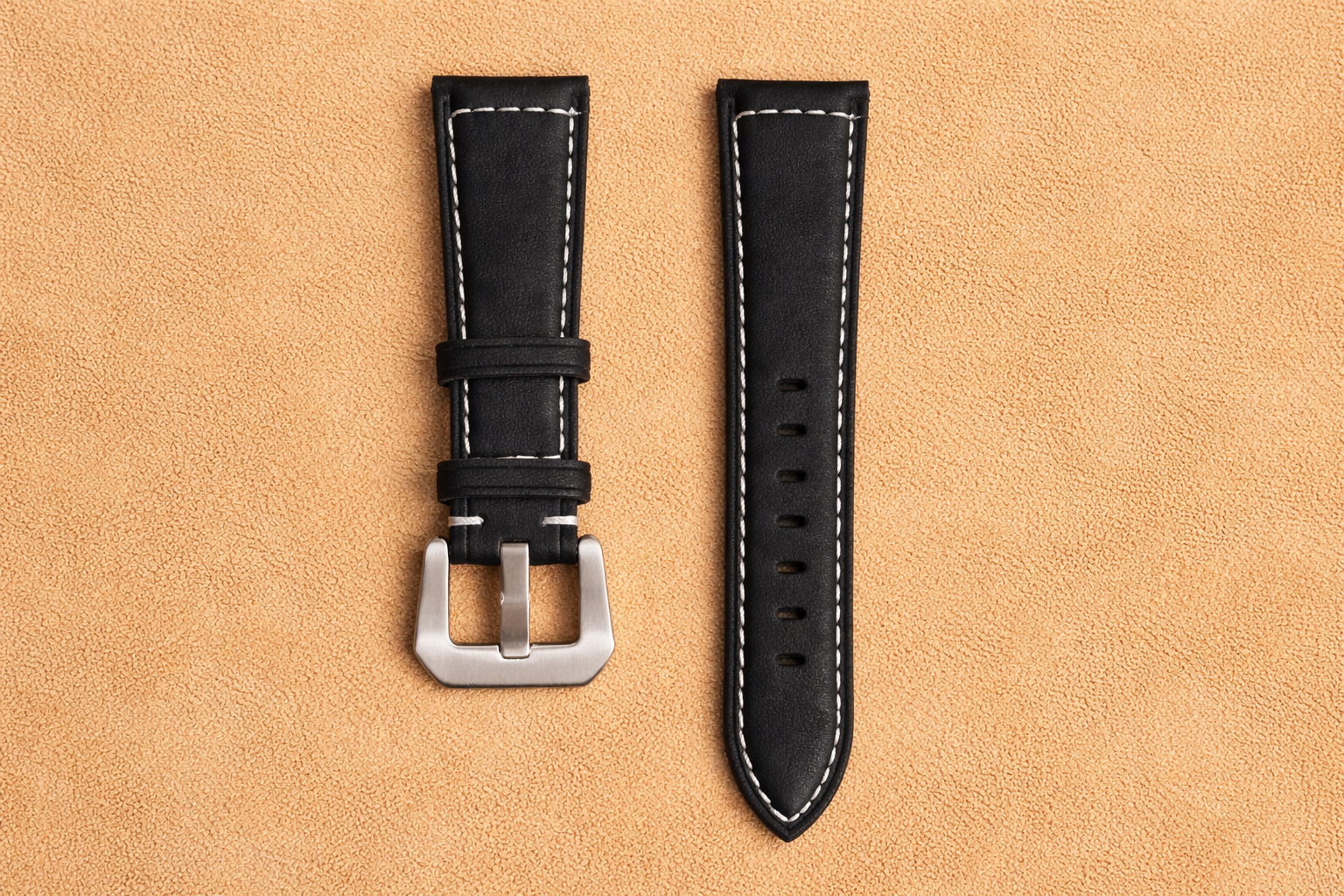 Jet Black Top Grain Leather Watch Strap – Padded with Contrast Stitching | 18mm 20mm 22mm 24mm | Tang Buckle | with Spring Bars