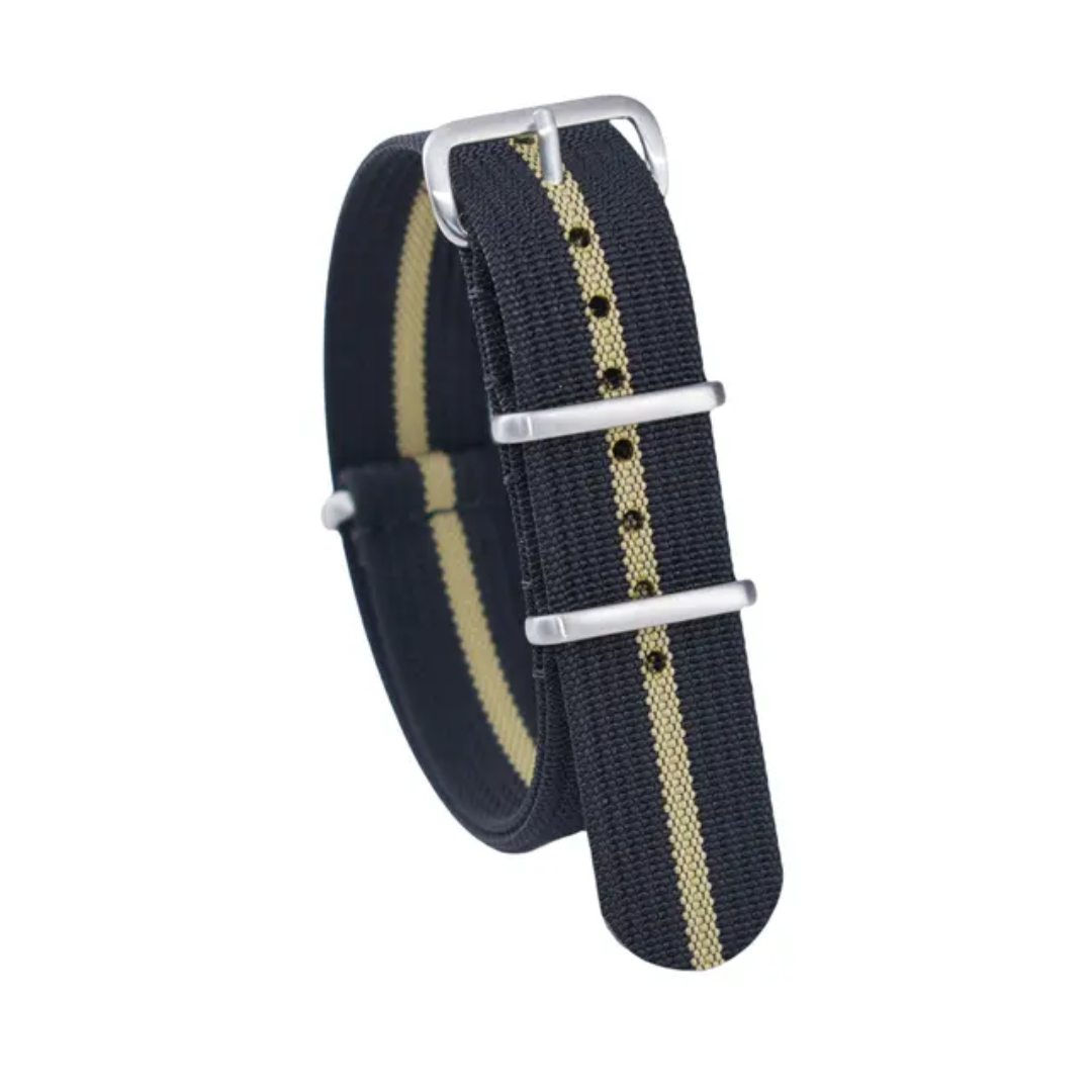 Black Ribbed Nylon NATO Strap with Yellow Stripe 22mm and stainless steel buckle – sporty tactical watch band