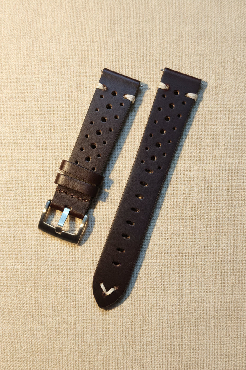 Dark Coffee Brown Full Grain Leather Rally Racing Watch Strap with Quick Release | 20mm & 22mm