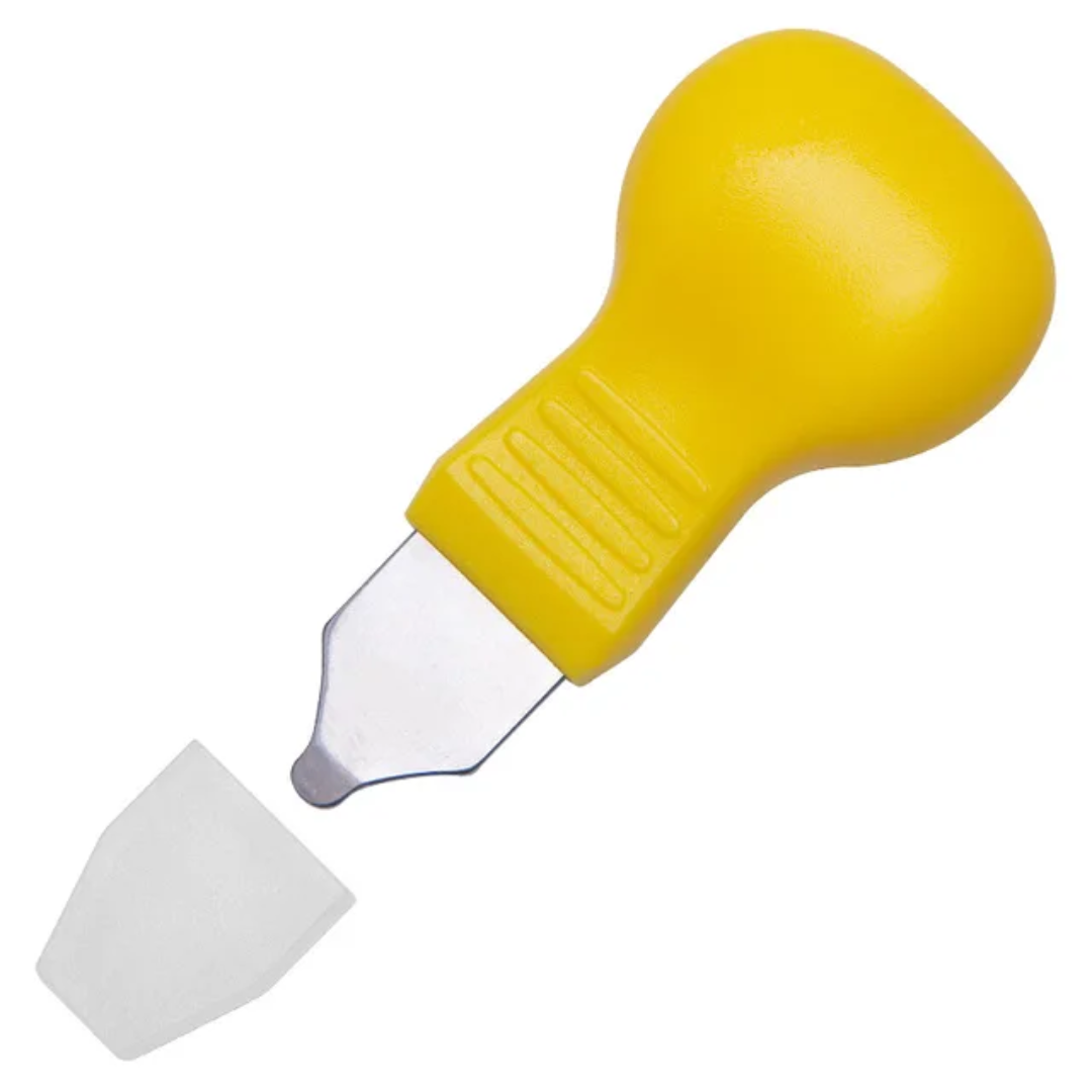 watch case back opener knife with stainless steel blade and protective cap.