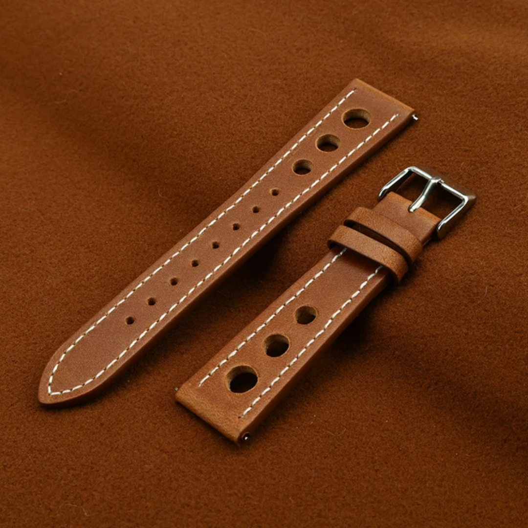 Tan Full Grain Leather Racing Watch Strap | Perforated Design | 18mm, 20mm, 22mm