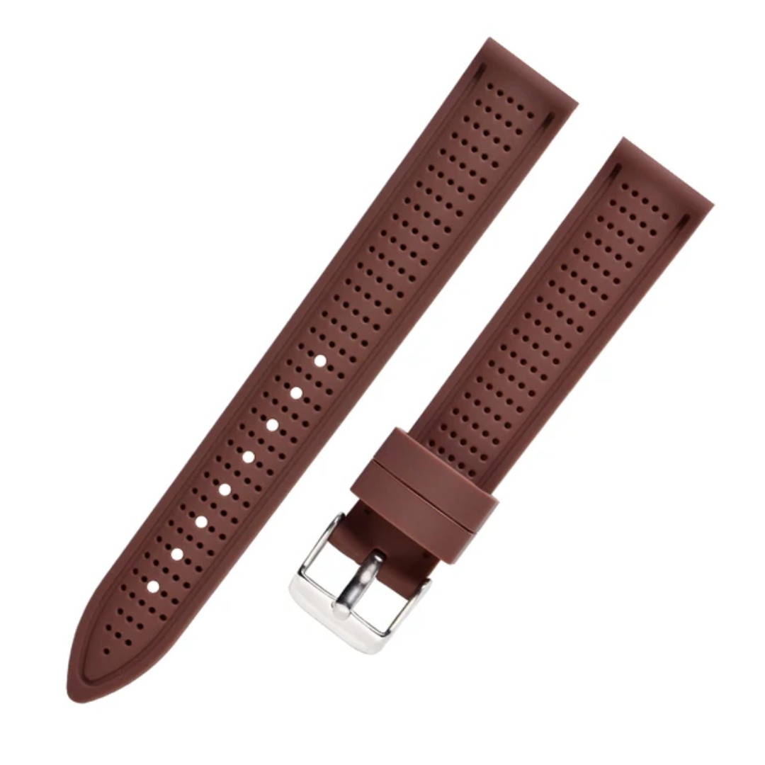 Waterproof & Breathable Brown Perforated Silicone Watch Strap | Sport Rubber Watch Band 18mm 20mm 22mm | Sweatproof Quick-Dry with Spring Bars
