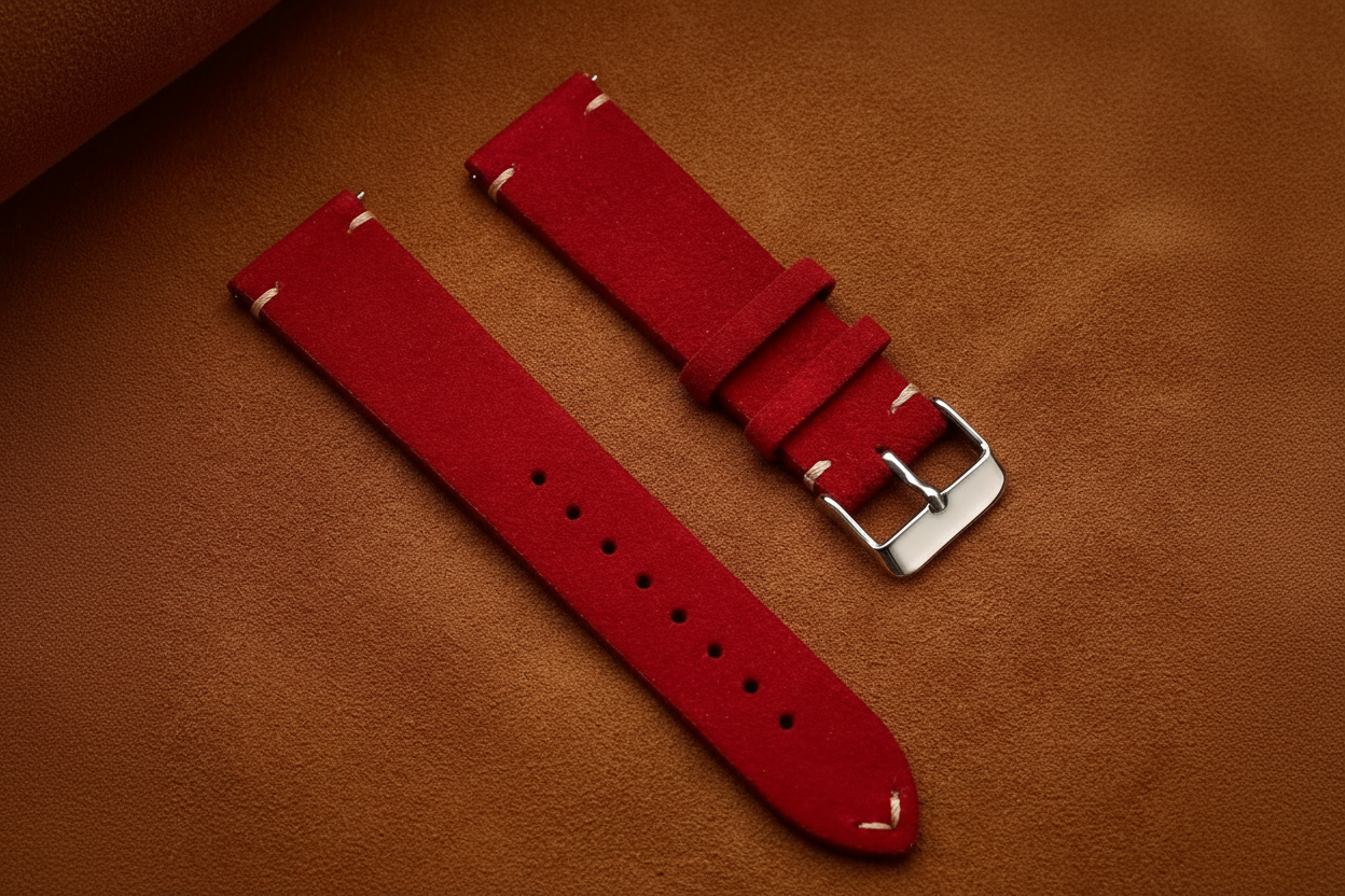 Red Suede Full Grain Leather Watch Strap with Quick Release Spring Bar (18mm, 19mm, 20mm, 22mm)