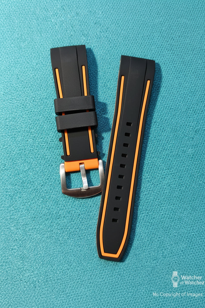 Premium 22mm Silicone Watch Strap – Black and Orange Stripe, C-Shape Curved Lug (Standard Pin Style)