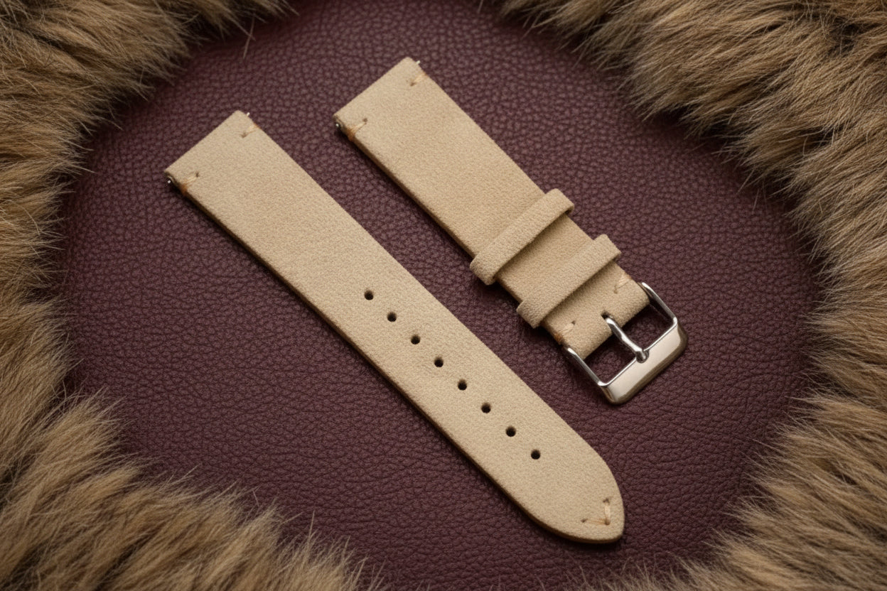 Beige Suede Full Grain Leather Watch Strap with Quick Release Spring Bar (18mm, 19mm, 20mm, 22mm)
