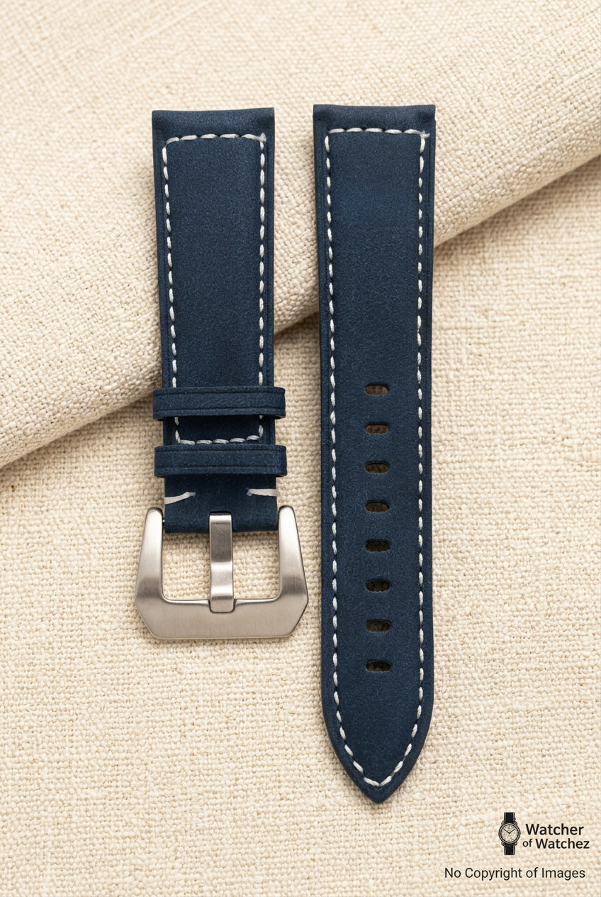 Navy blue Top Grain Leather Watch Strap – Padded with Contrast Stitching | 18mm 20mm 22mm 24mm | Tang Buckle | with Spring Bars