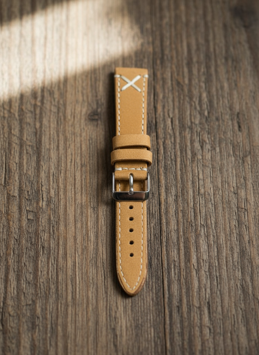 Tan S Leather Strap – 18mm / 20mm / 22mm Vintage Style with White X-Stitching With Spring Bars