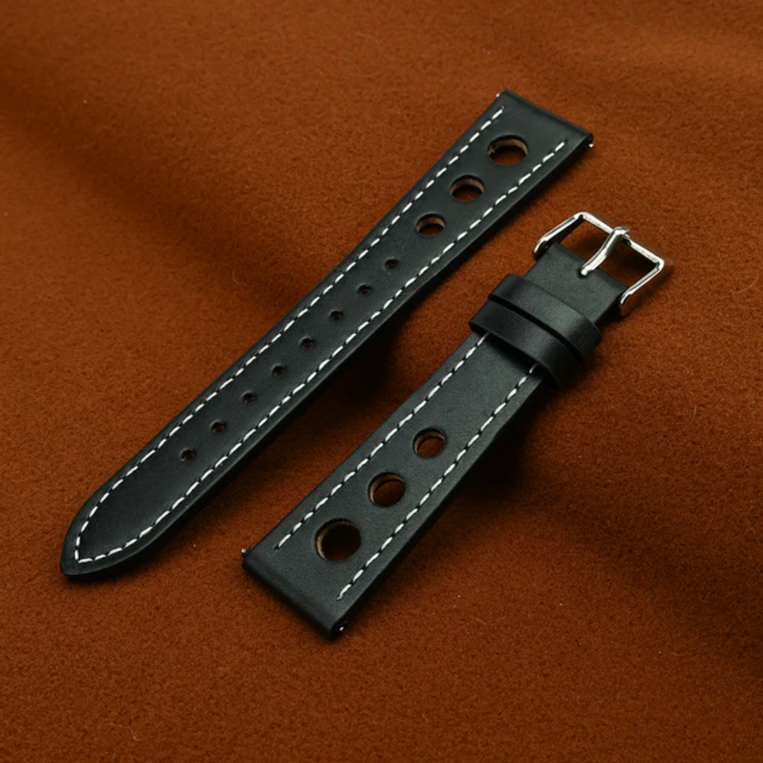 Black Full Grain Leather Racing Watch Strap | Perforated Design | 18mm, 20mm, 22mm
