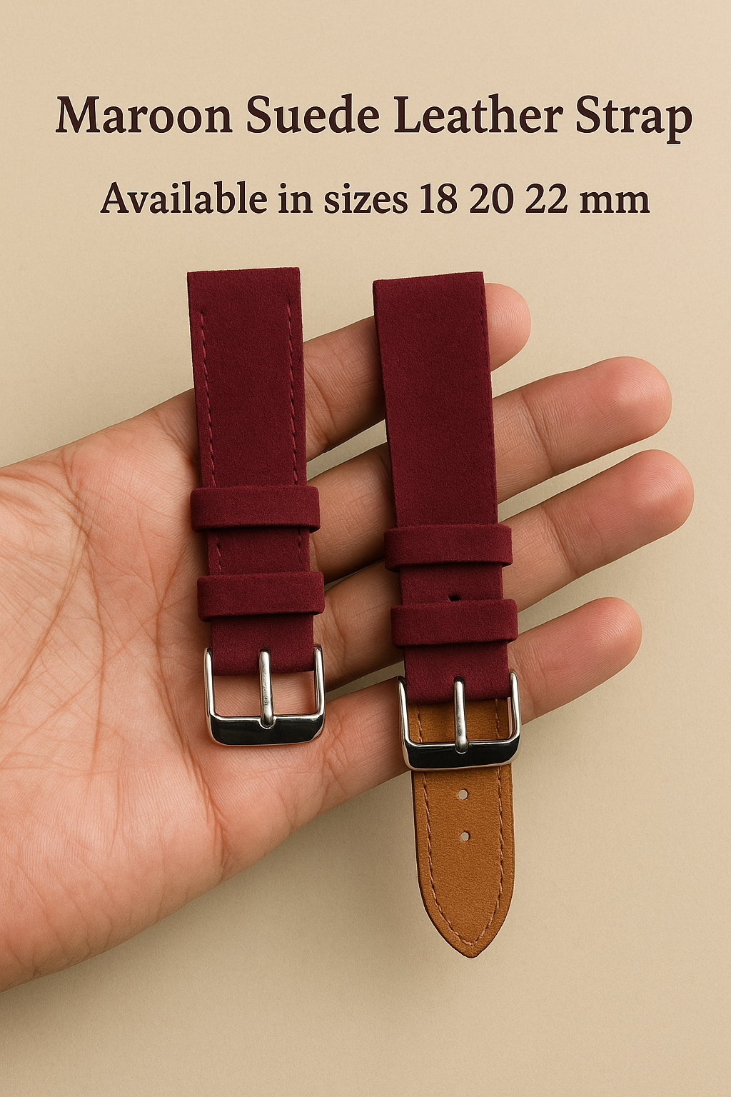 Maroon Suede Leather Watch Strap – 18mm, 20mm, 22mm – Quick Release WHITE STITCH / SAME STITCH(Without Spring Bars)