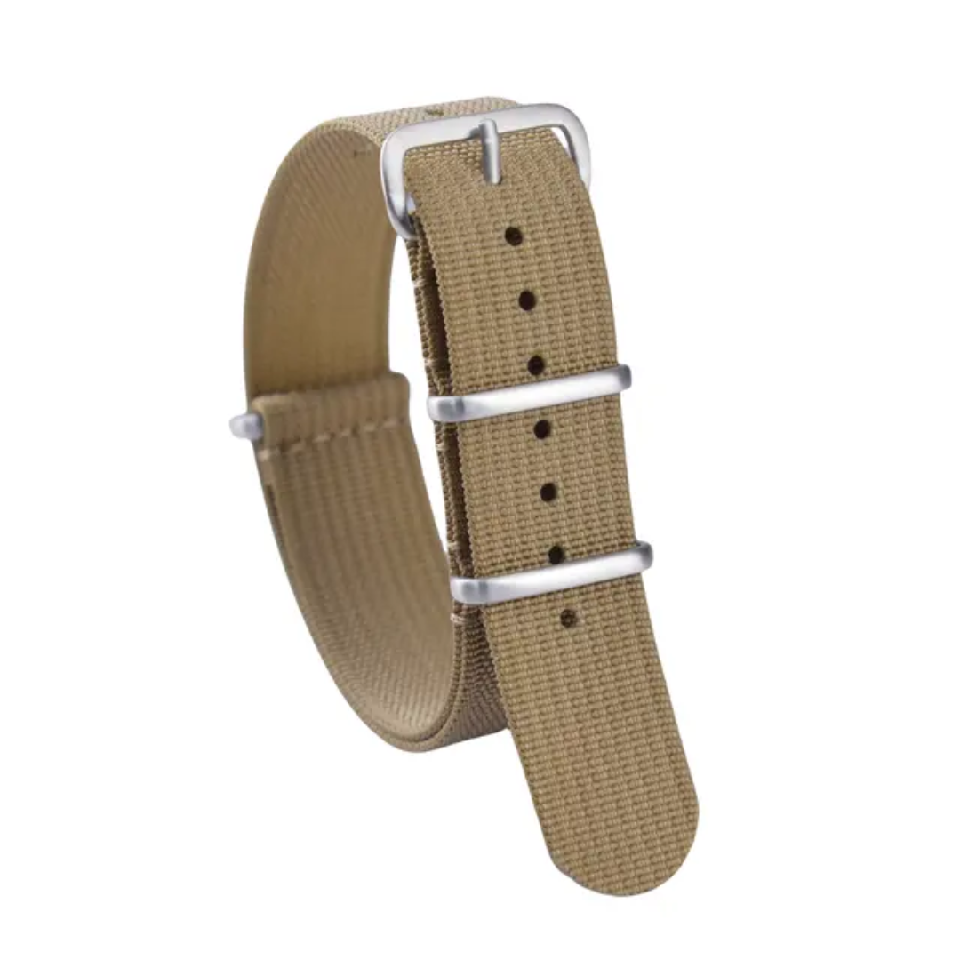 Khaki Ribbed Nylon NATO Strap 22mm with stainless steel buckle – military-style watch strap