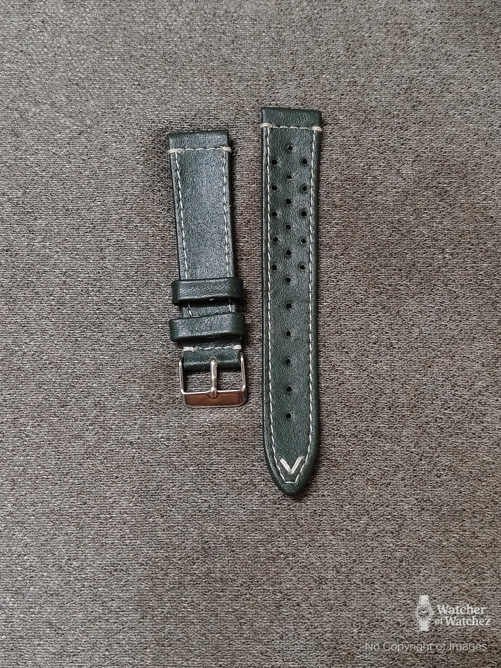 Dark green leather watch strap with white stitching in sizes 18mm, 20mm, 22mm