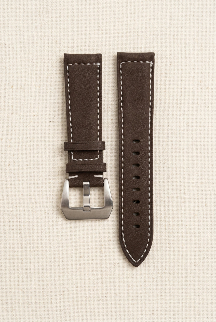 Dusky Dark brown Top Grain Leather Watch Strap – Padded with Contrast Stitching | 18mm 20mm 22mm 24mm | Tang Buckle | with Spring Bars