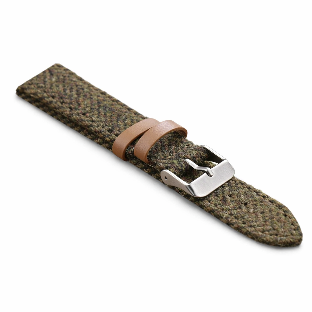 Khaki Nylon Tweed Watch Strap with Leather Belt Loops | 18mm 20mm 22mm Watch Band