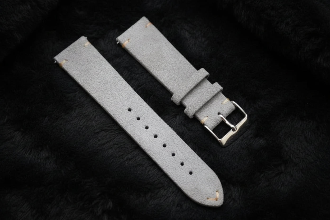 Light Grey Suede Full Grain Leather Watch Strap with Quick Release Spring Bar (18mm, 19mm, 20mm, 22mm)